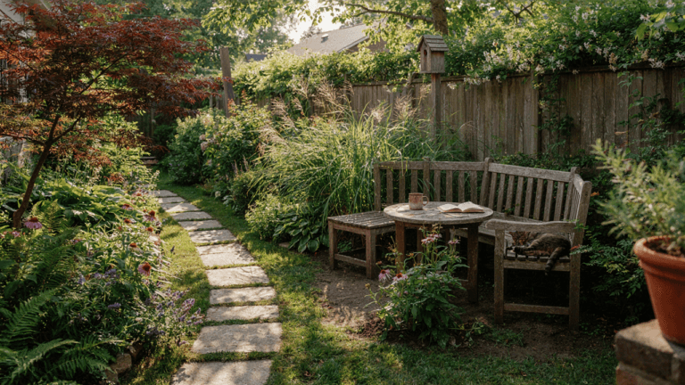 A serene backyard sanctuary with a stone path, green plants, and a quiet bench.