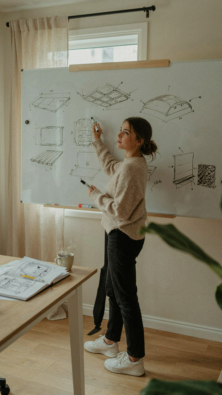 A person sketches different van ceiling ideas on a whiteboard.