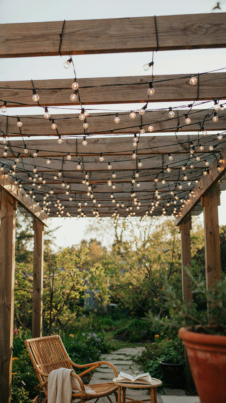 Professionally installed string lights on a pergola with strong attachments.