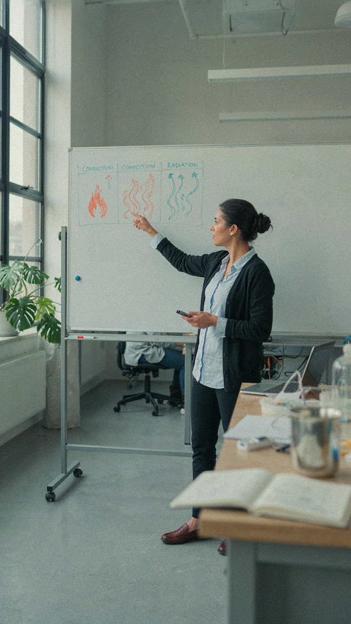 A physicist points to a diagram showing heat transfer mechanisms.