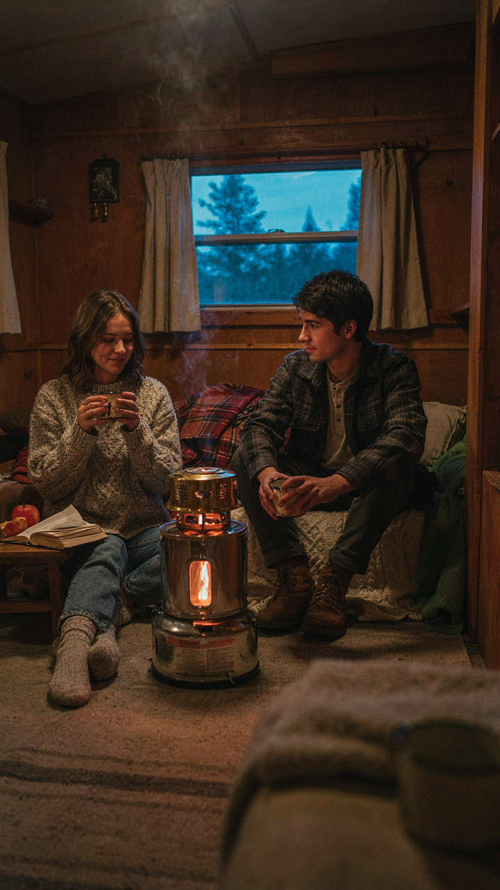 A couple sits by a propane heater in a rustic camper, off-grid warmth.