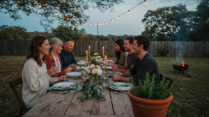 A long table set for a backyard supper club with string lights and people eating.