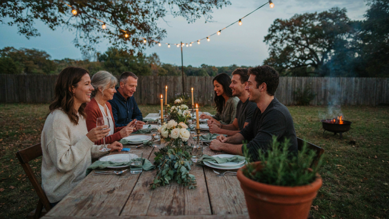 A long table set for a backyard supper club with string lights and people eating.