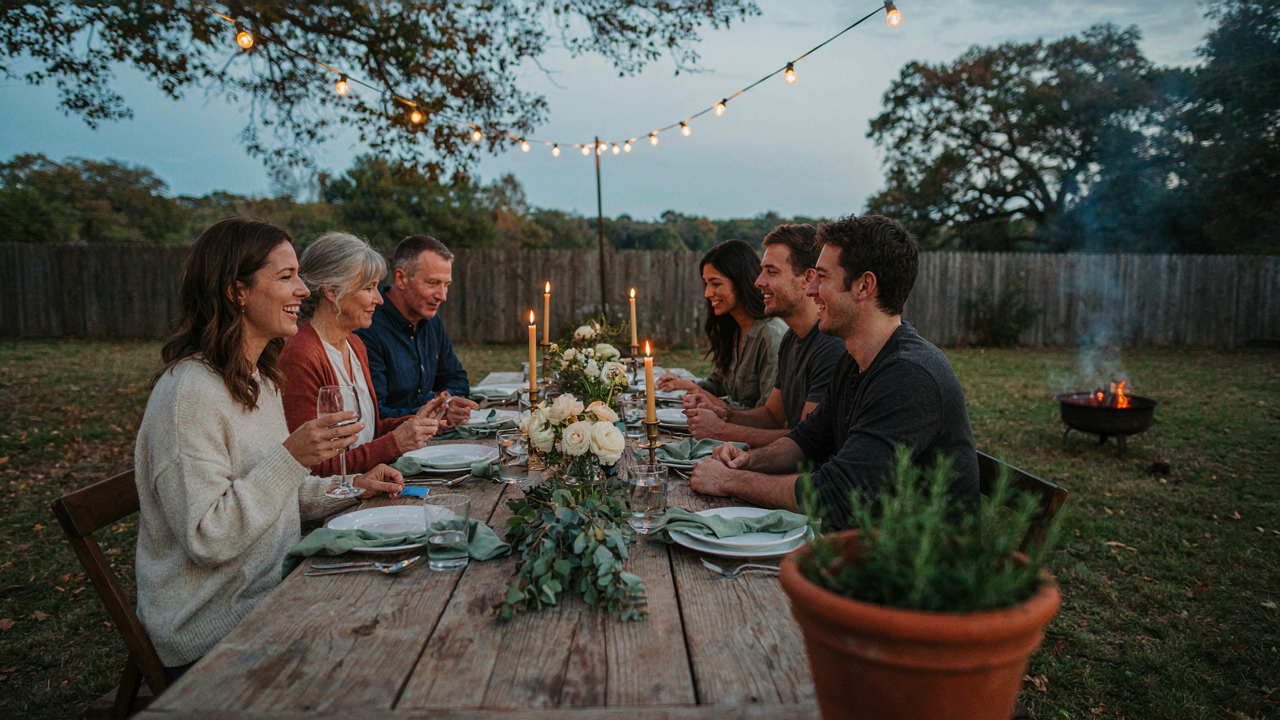 A long table set for a backyard supper club with string lights and people eating.