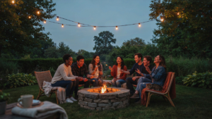 Friends laugh and toast marshmallows around a warm fire pit at a party.