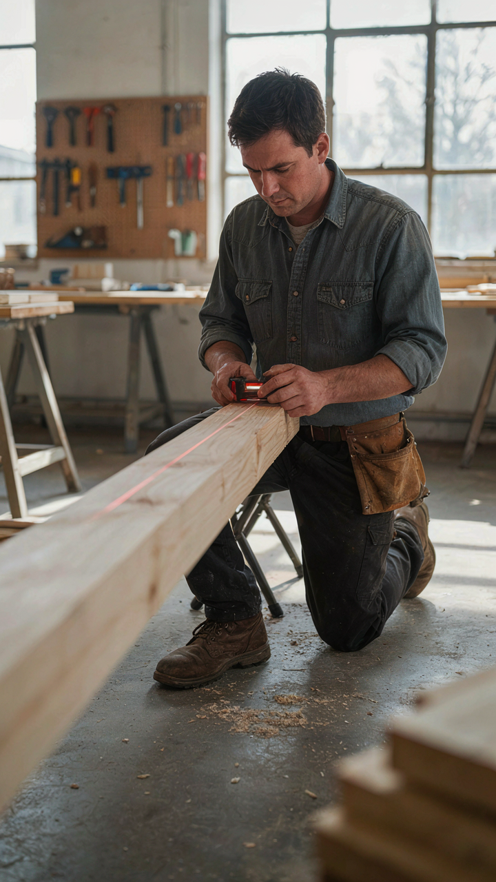 A carpenter uses a laser level to align a long wood beam.
