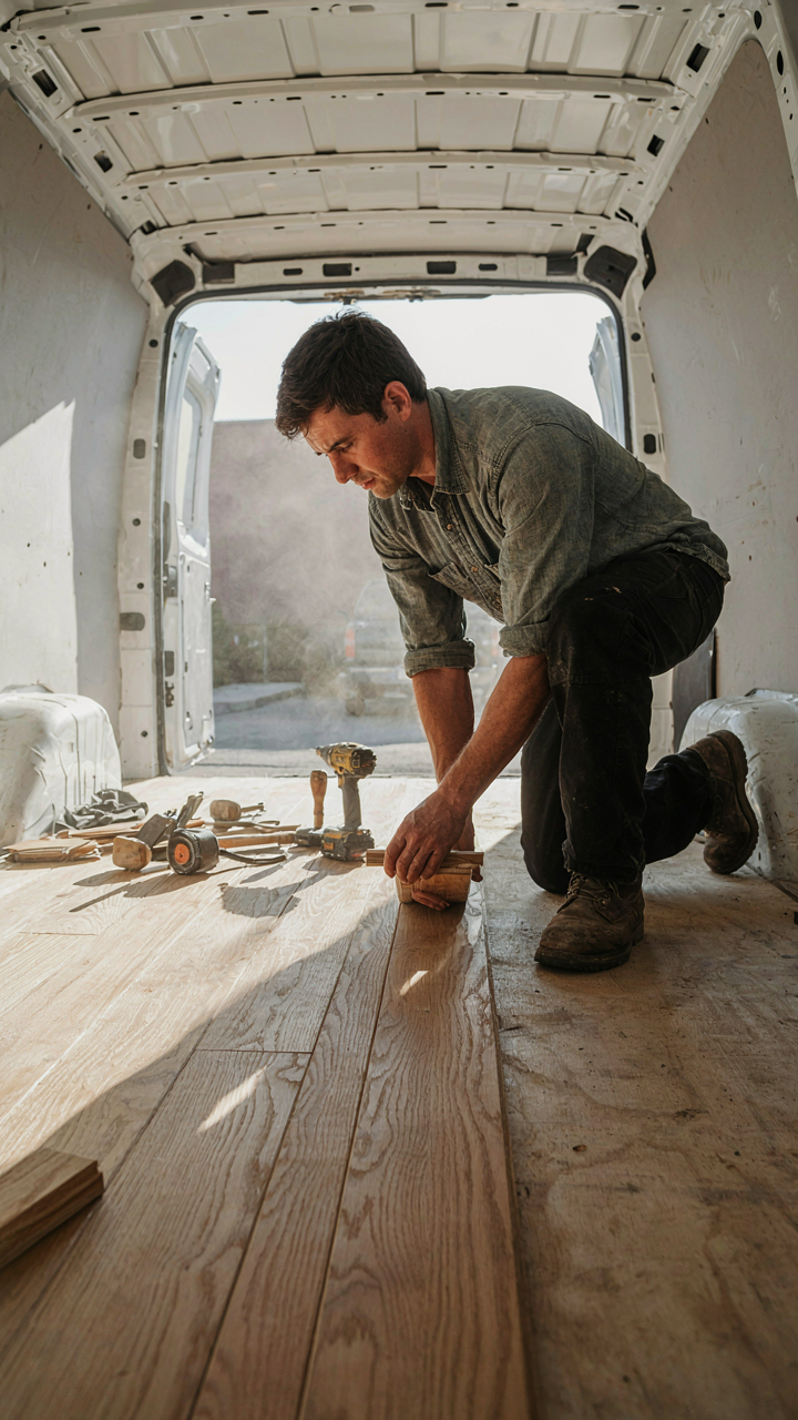 A carpenter installs tongue-and-groove wooden van flooring.