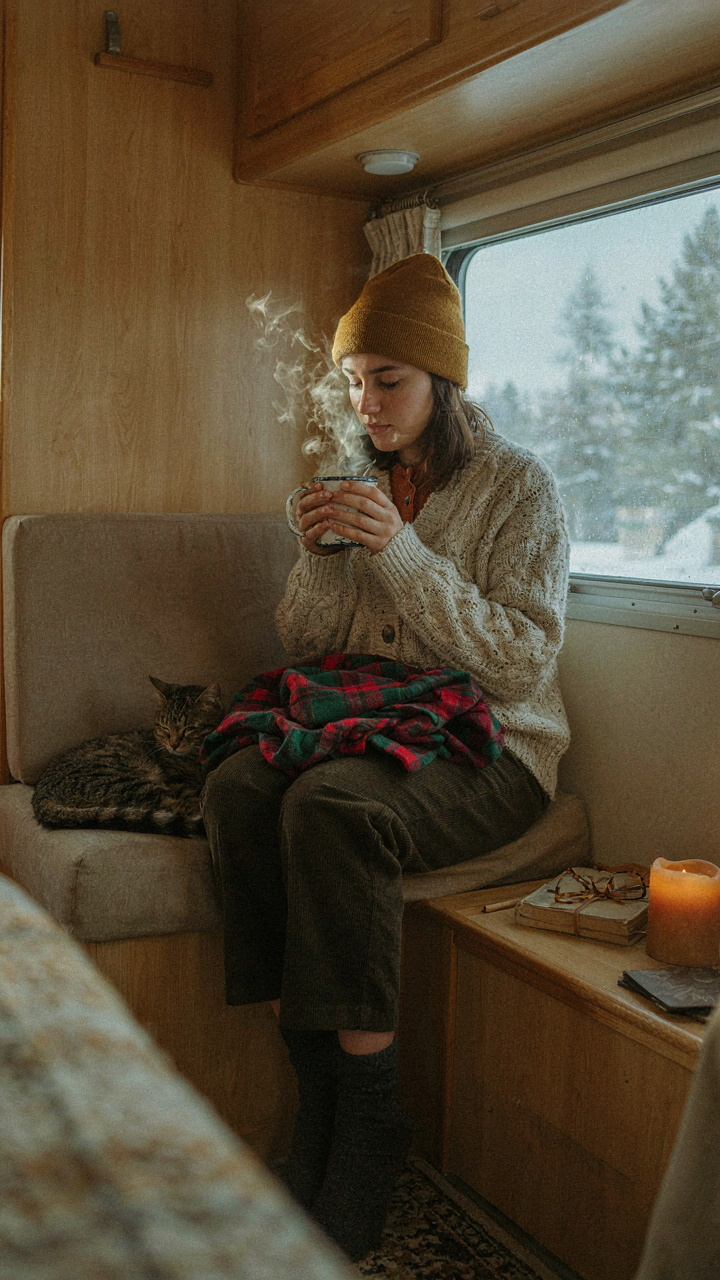 A person in layers of warm clothes sits comfortably in an RV, staying warm.