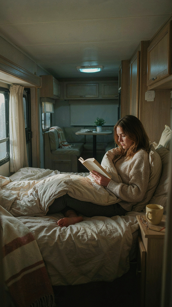 A person in a sleeping bag in an RV bedroom, showing zoned heating.