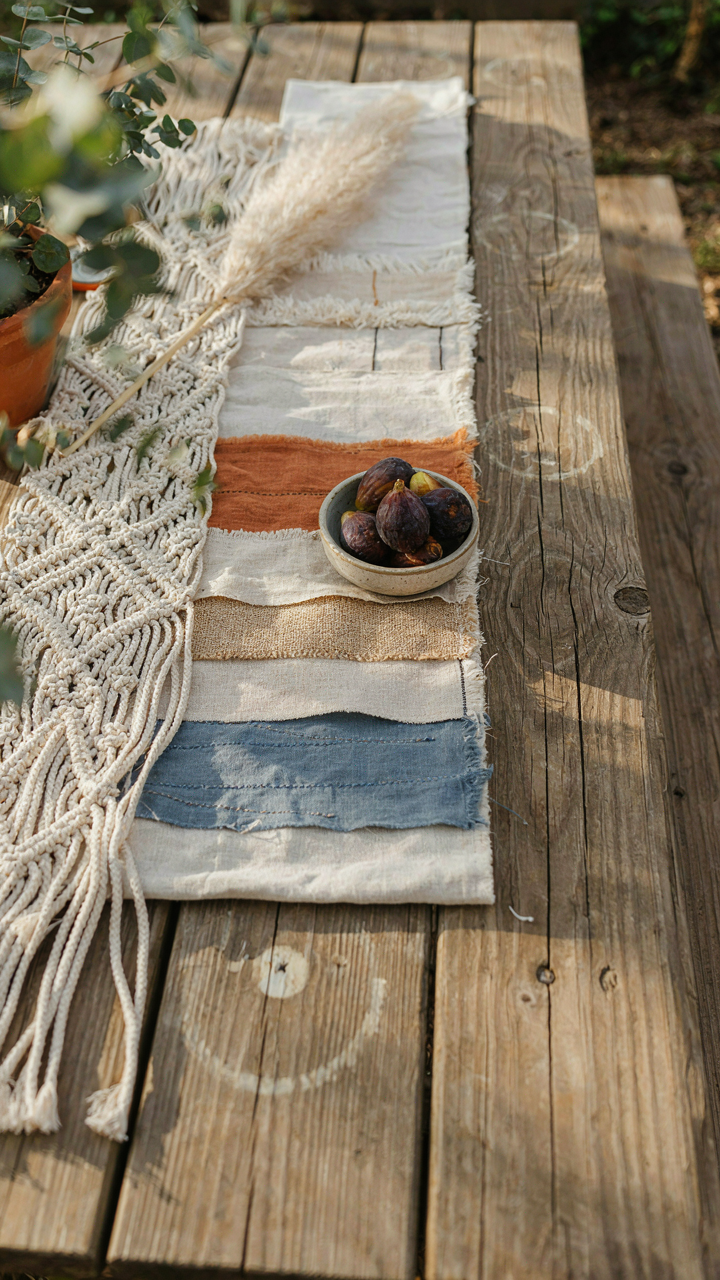 A bohemian picnic table runner with layered fabrics and textures.