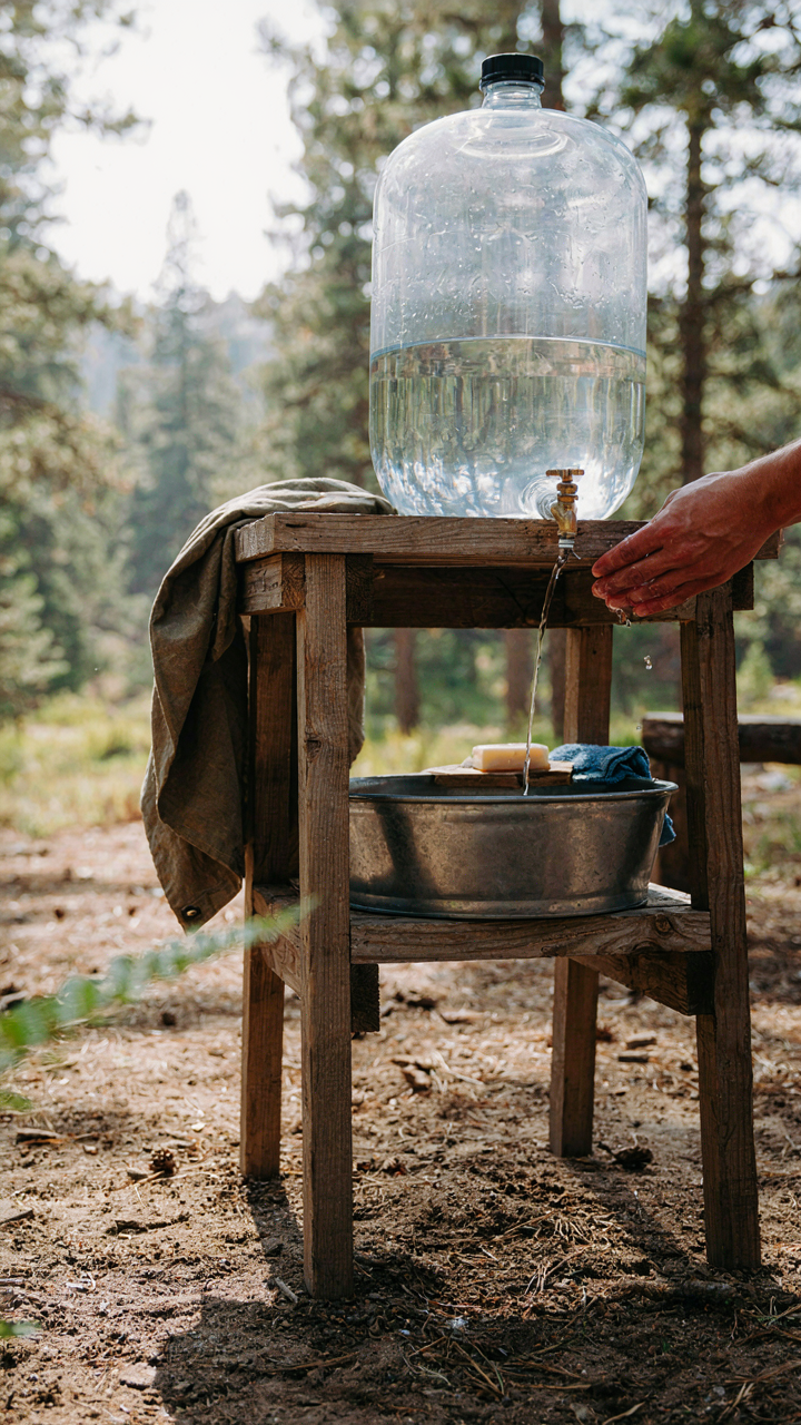 A functional DIY camp sink uses gravity to provide running water.