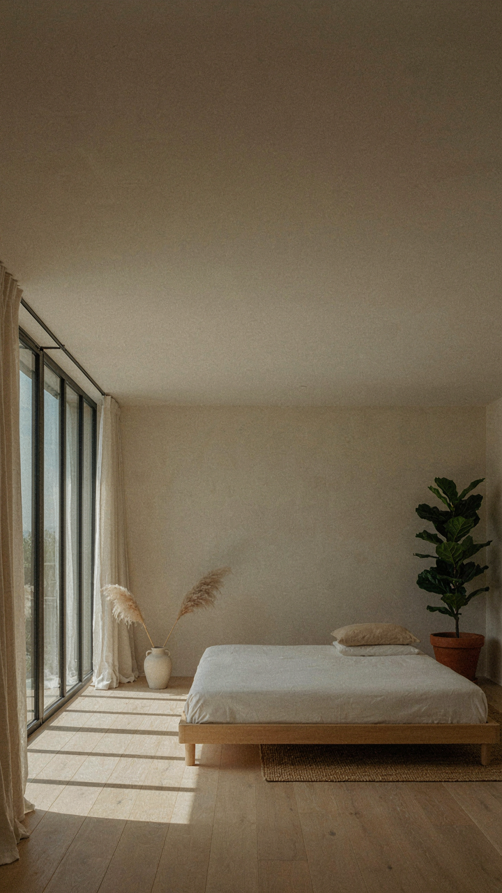 A small room with large windows and a high ceiling feels spacious.