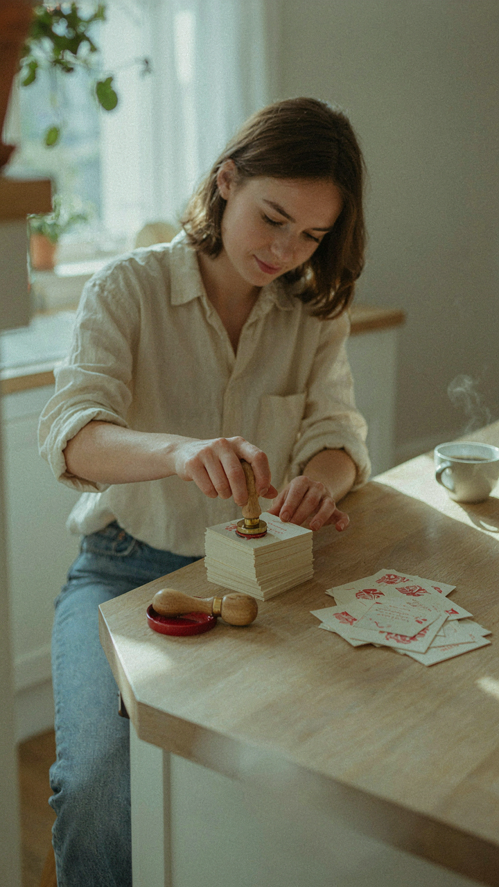 A person quickly stamps many identical party food labels using a rubber stamp.