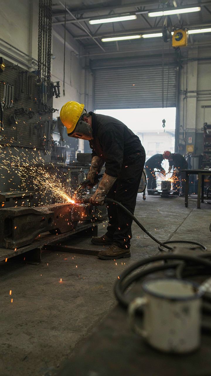 A worker welds a strong metal joint on a large machine part in a workshop.