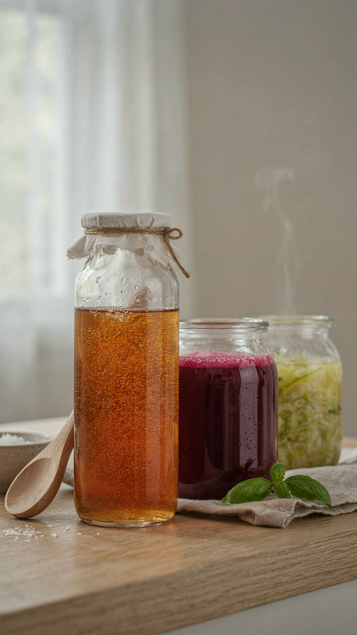 Jars with bubbling liquid show a fermentation process.