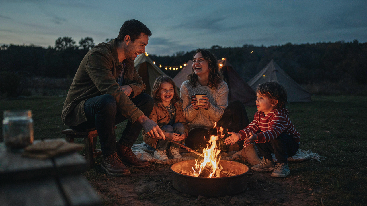 A family laughs around a campfire during a backyard campout at night.