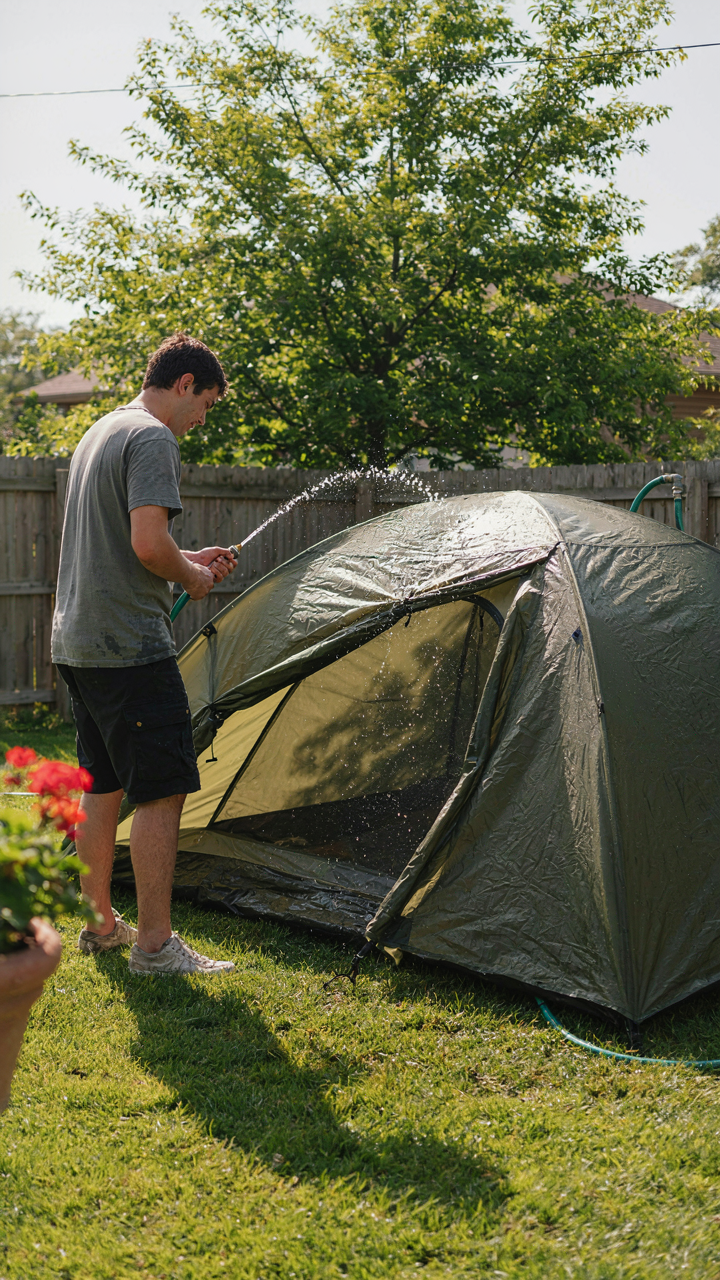 A person tests a camping tent for leaks with a garden hose.
