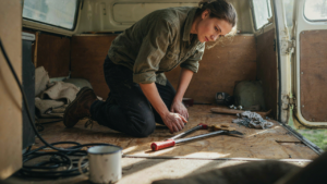 A person kneels in a camper, examining its exposed subfloor with tools nearby.