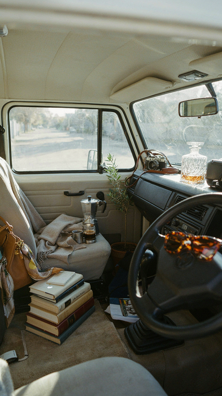 A cluttered van interior filled with expensive, unused gadgets.