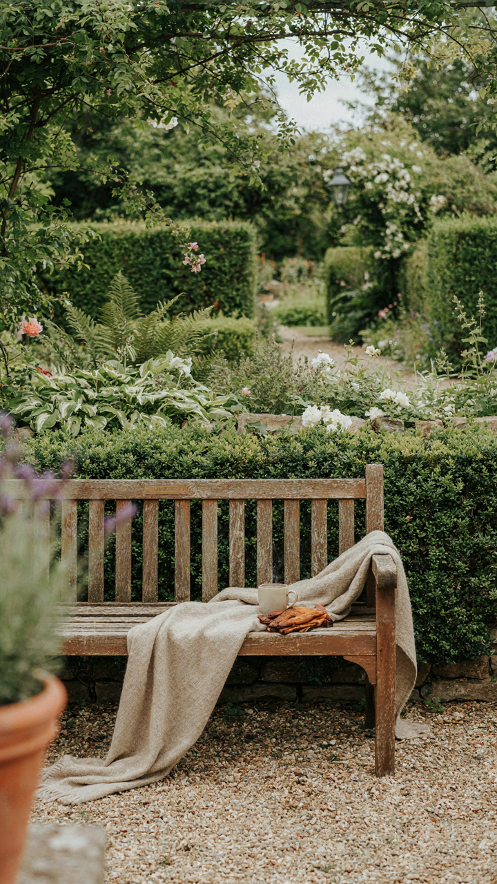 A stylish outdoor blanket draped artfully over a garden bench.
