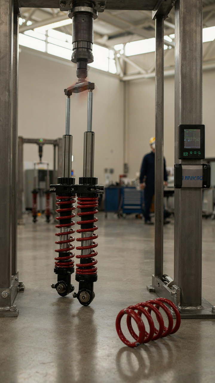 An automotive suspension system with shock absorbers on a test rig.