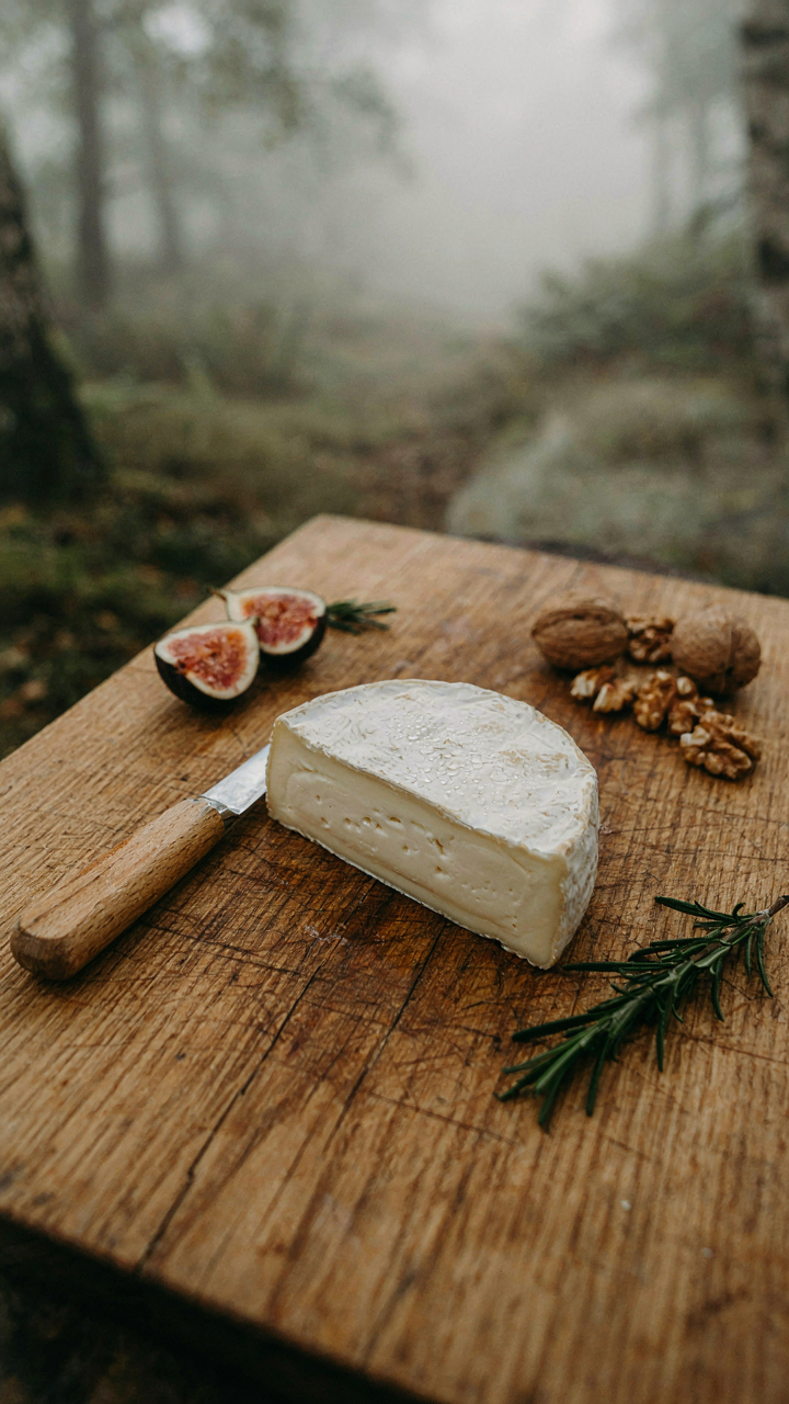 A close up of soft cheese on an outdoor charcuterie board, glistening with condensation.