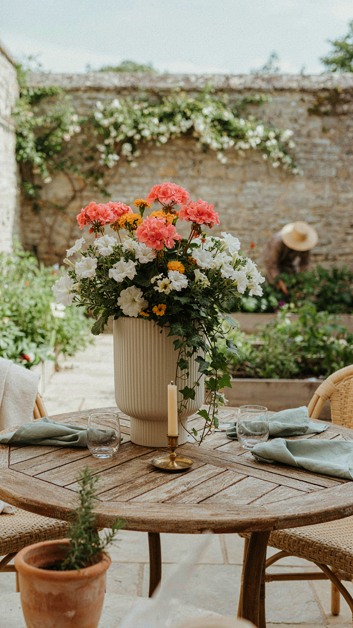 A large self-watering planter with vibrant flowers on an outdoor table.
