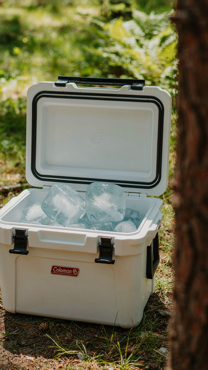 Large ice blocks and small ice cubes sit together in a camping cooler.