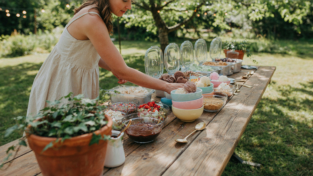 A colorful outdoor ice cream sundae bar set up on a long wooden table.