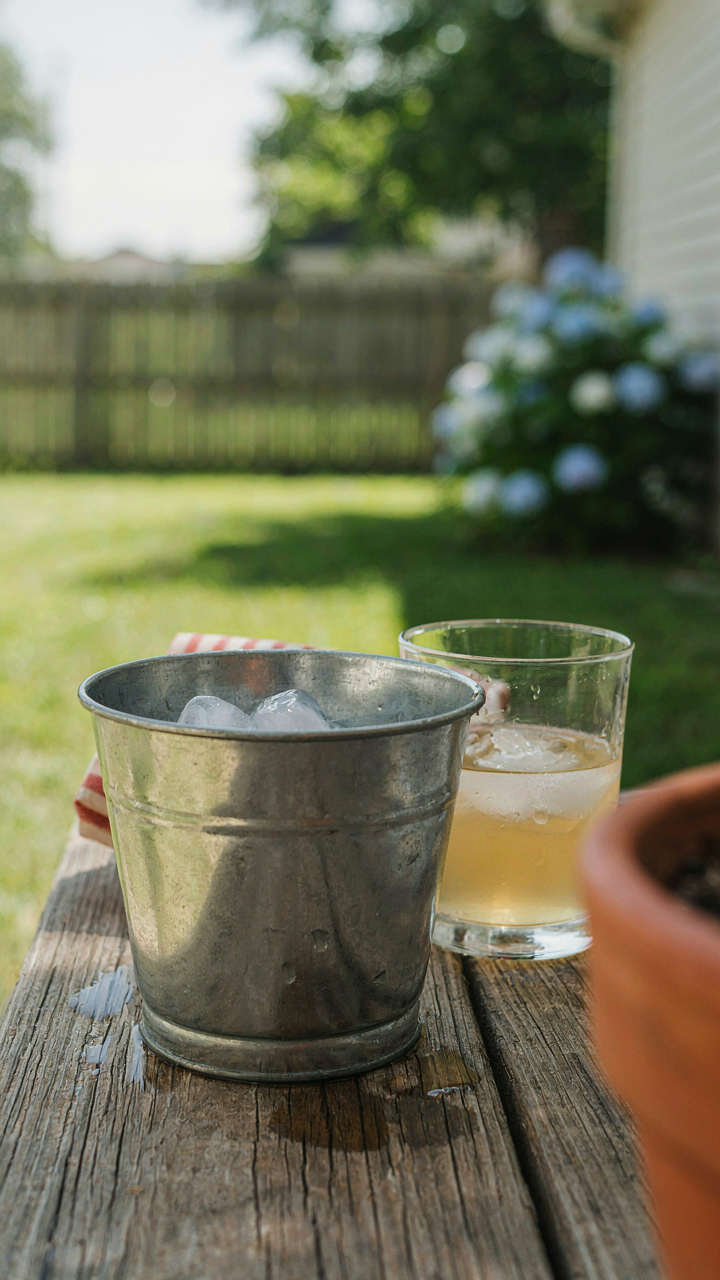 A small bucket of ice in a backyard drink station is nearly empty and melting.