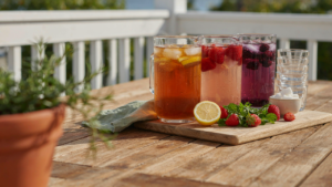 An inviting iced tea bar setup on a patio, with pitchers, fruit, and glasses.