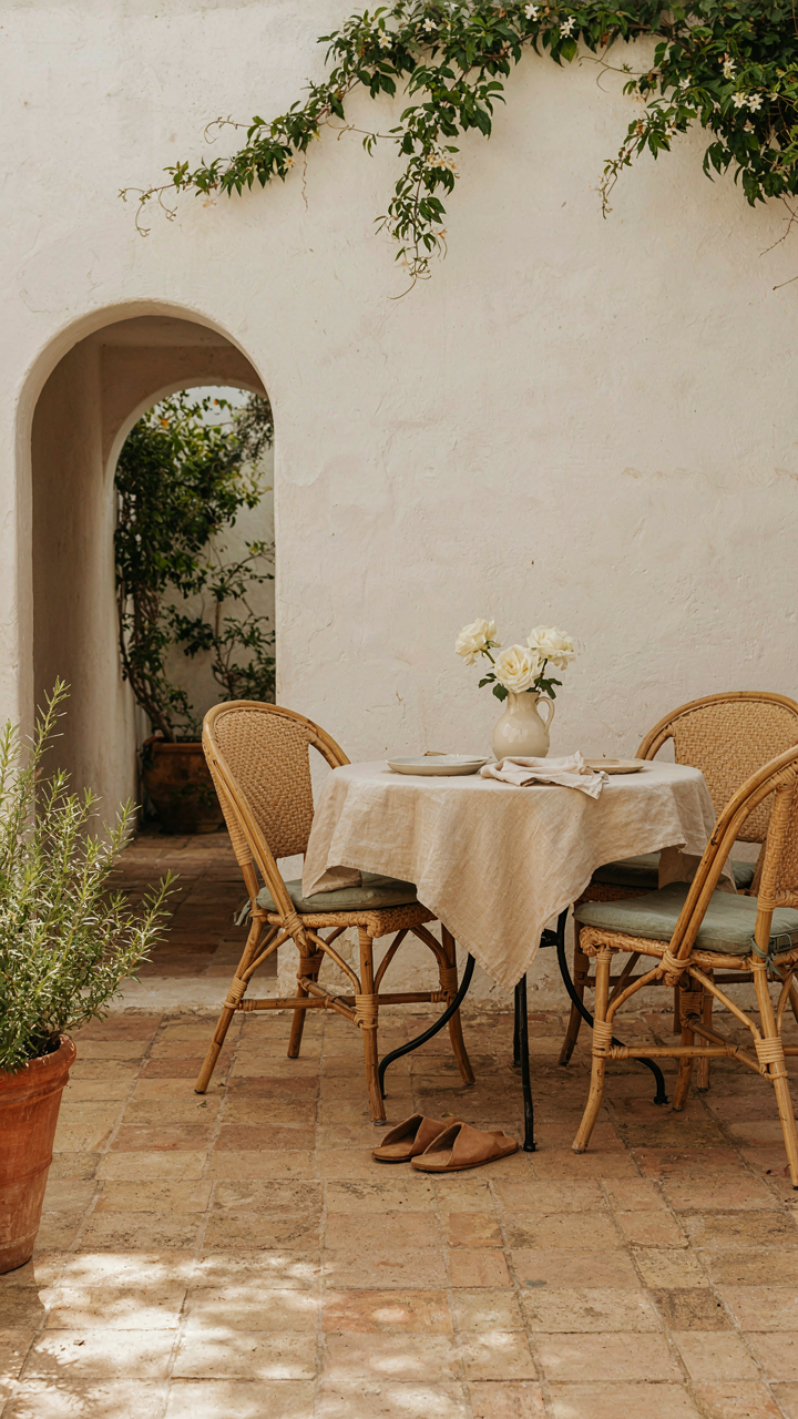 A timeless patio with classic furniture and plants, showing enduring design.