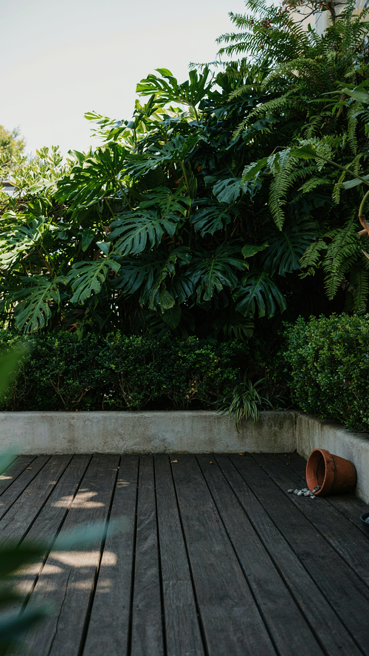 A patio with a dark wooden deck and dense dark green plants absorbing light.