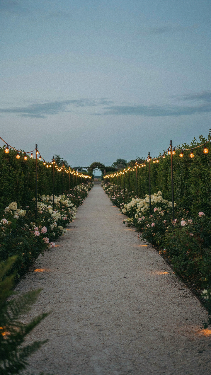 A garden pathway lit by outdoor string lights that guide the eye forward.