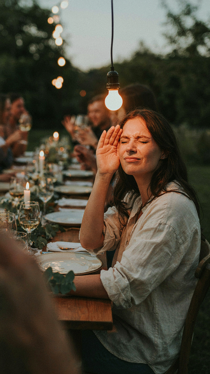 A guest at an outdoor dinner party squints, shielding eyes from a bright light.