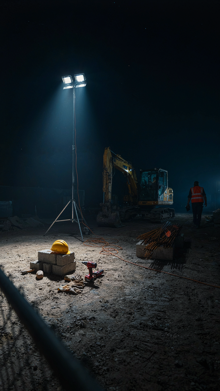 A powerful floodlight brightly illuminating an outdoor construction site at night.