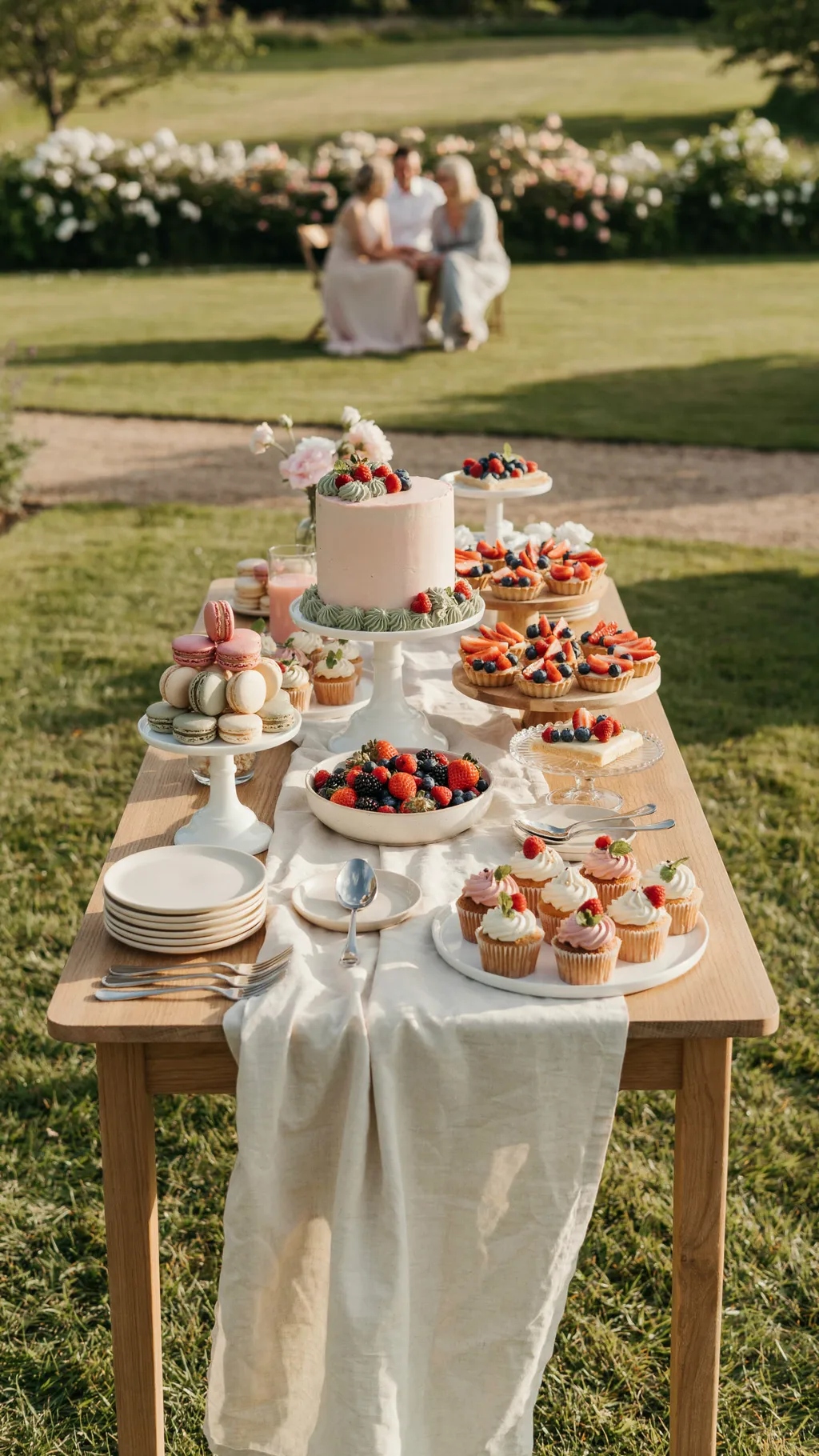 A rustic wooden table in a sunny garden is laden with a lavish dessert spread, including a pink frosted cake, assorted fruit tarts, macarons, cupcakes