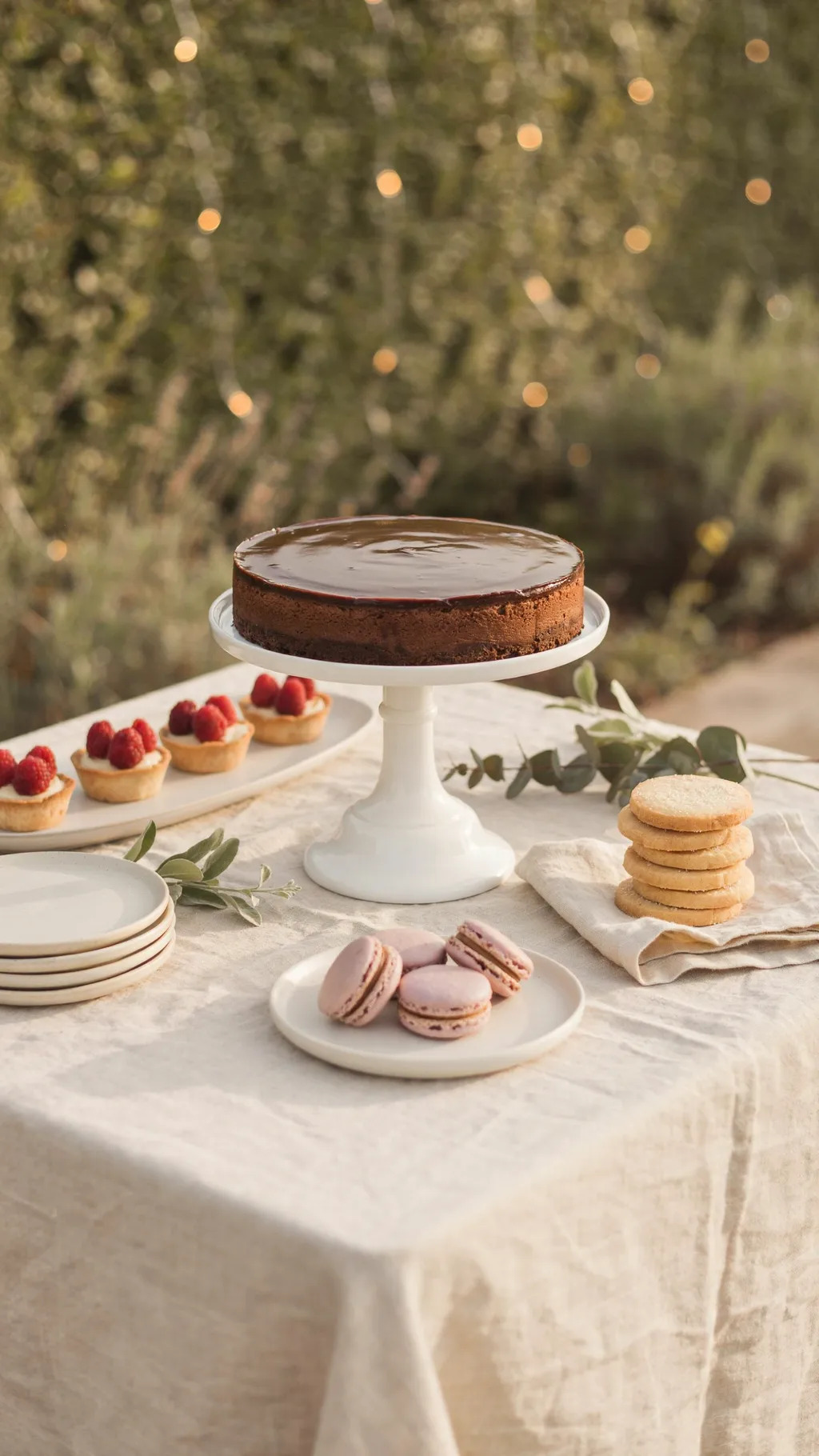 A beautifully styled outdoor dessert table features a large chocolate cheesecake on a white stand, four individual raspberry tarts on a rectangular pl