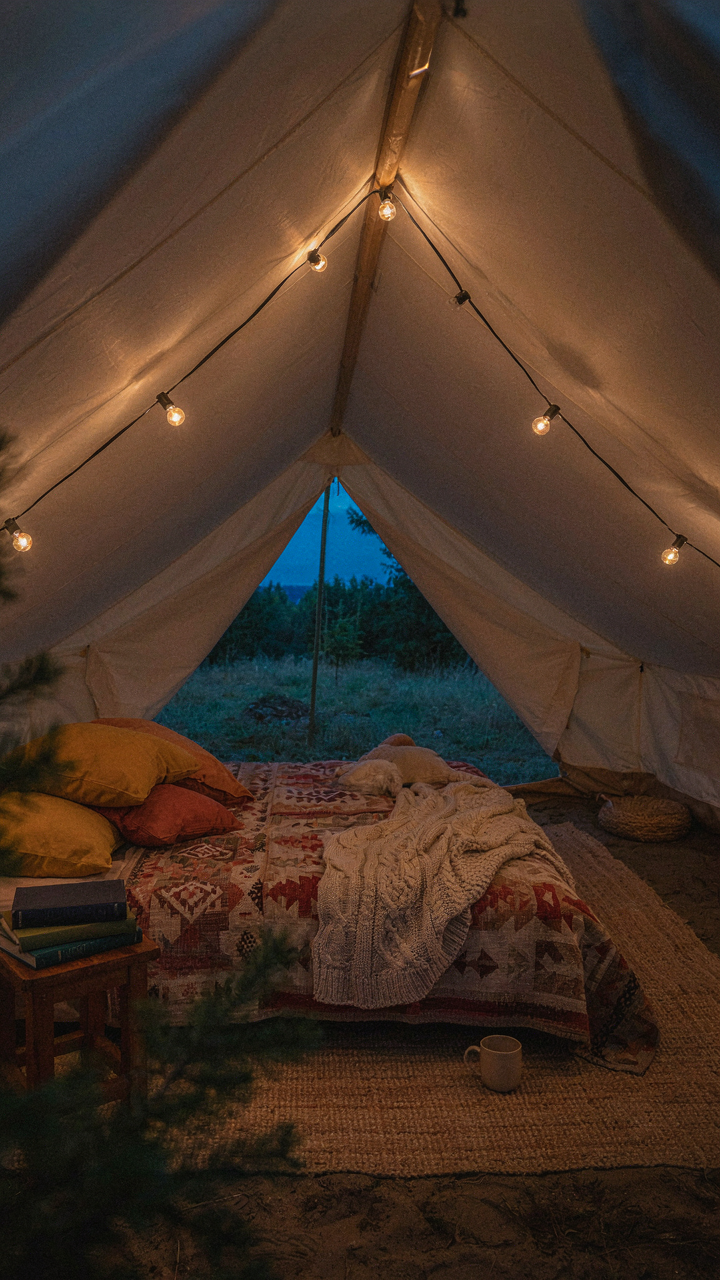 Warm string lights glow inside a cozy tent with blankets.