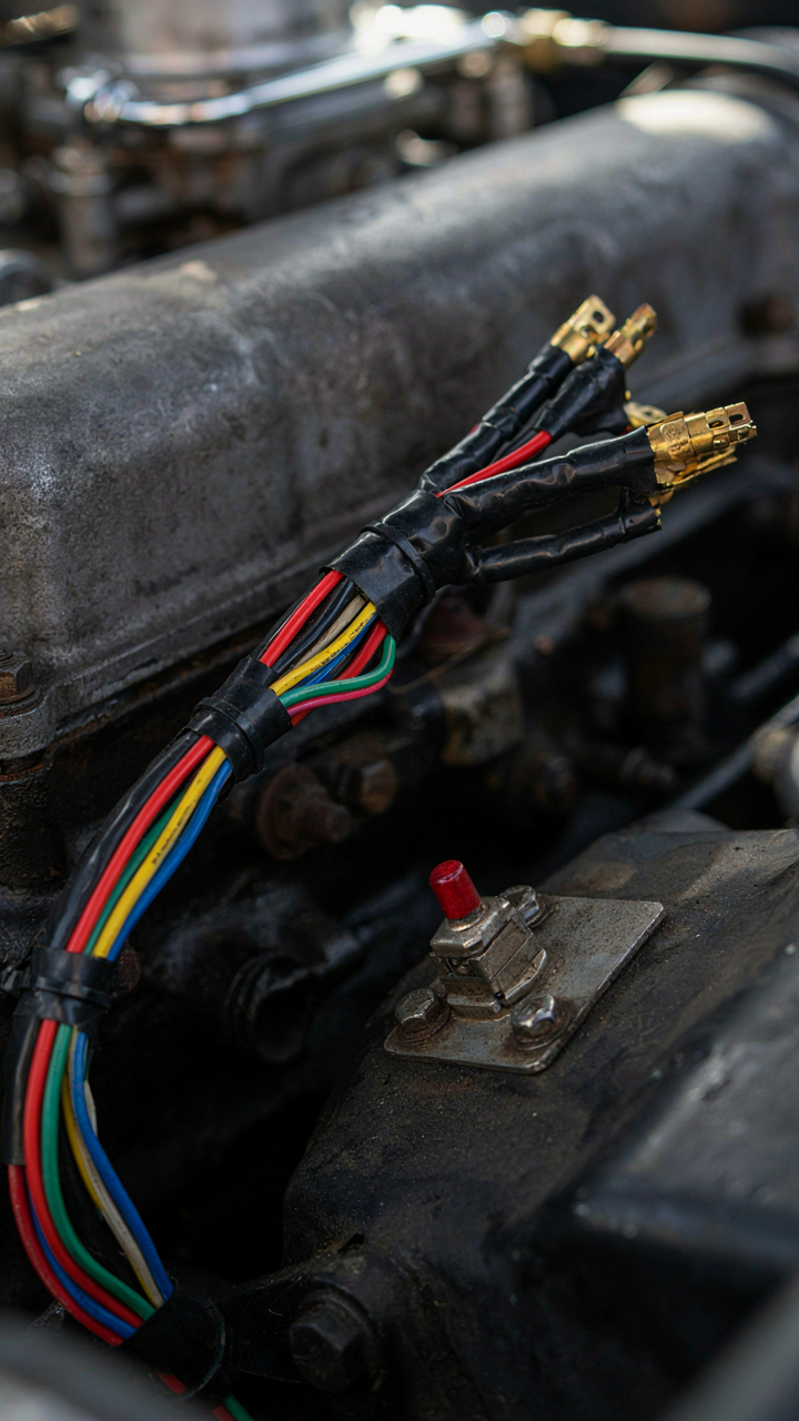 Neatly organized color-coded wiring harness in a vintage vehicle.