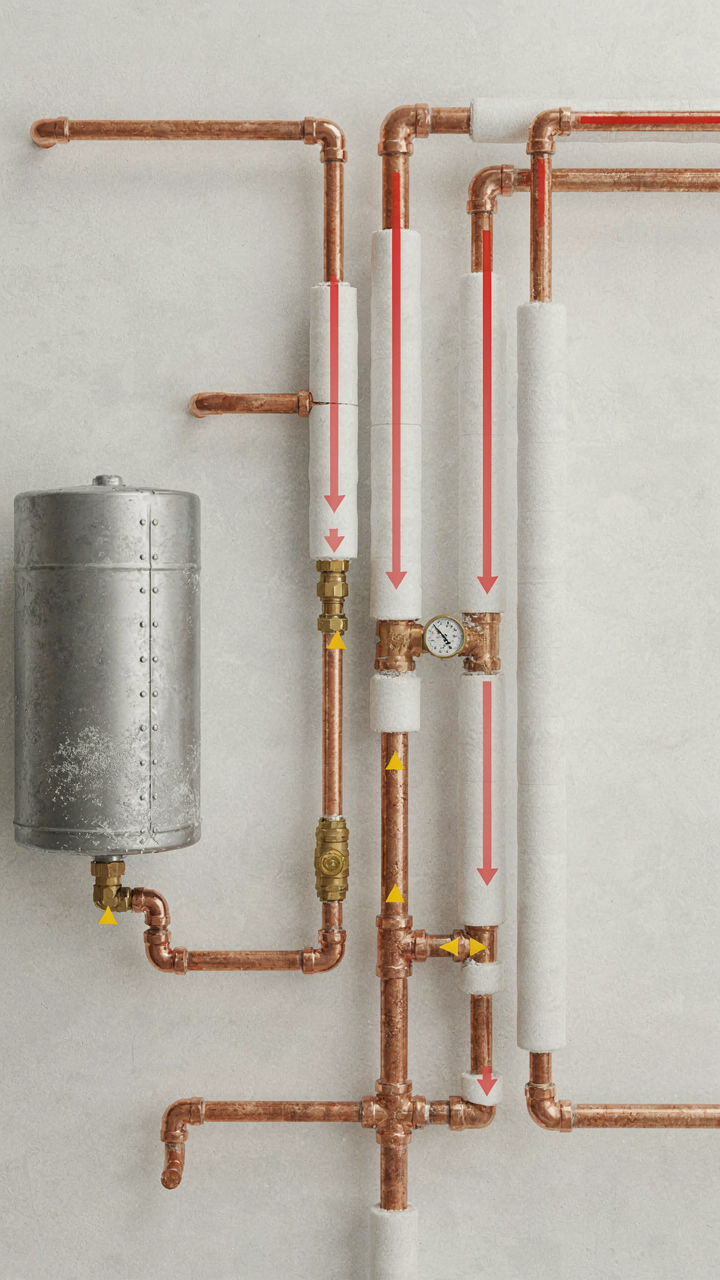 A network of RV pipes, some insulated, showing heat flow and cold spots.