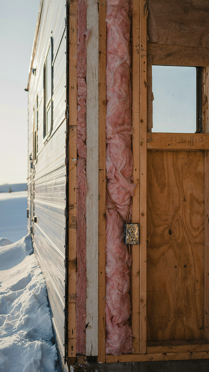 A cross-section of an RV wall showing different insulation layers with R-value labels.