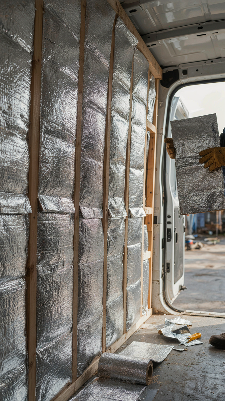 A thick layer of reflective insulation being installed into the walls of a van.