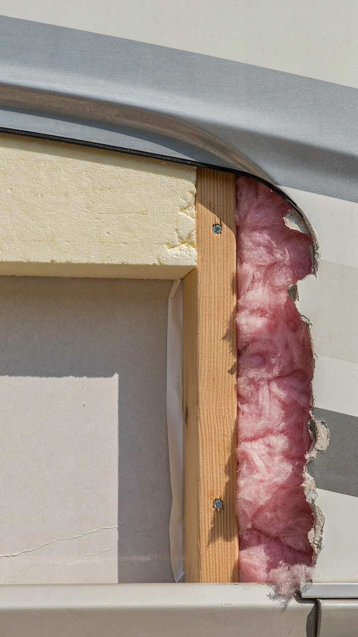 A detailed view of insulation layers inside an RV wall.
