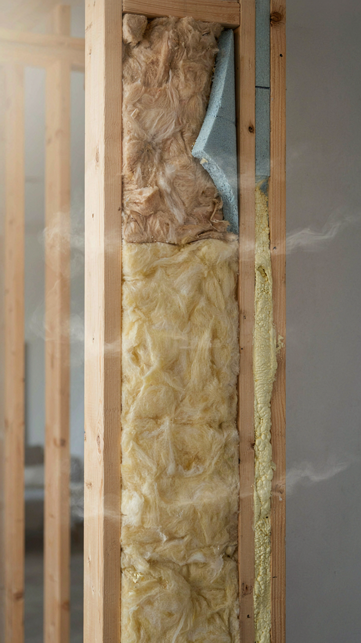 A wall cross-section showing layers of different insulation.