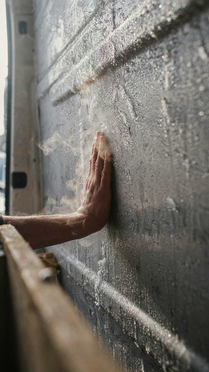 A hand touches a frosty metal wall inside a van, showing condensation.