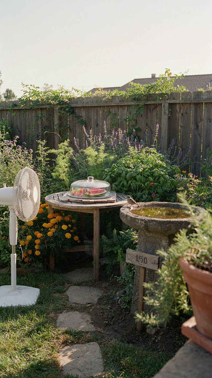 A garden shows many ways to control bugs at a bug free backyard party.