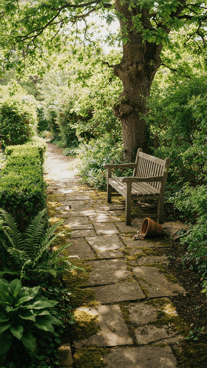 A stone patio with moss leading to a wooden bench in a garden.