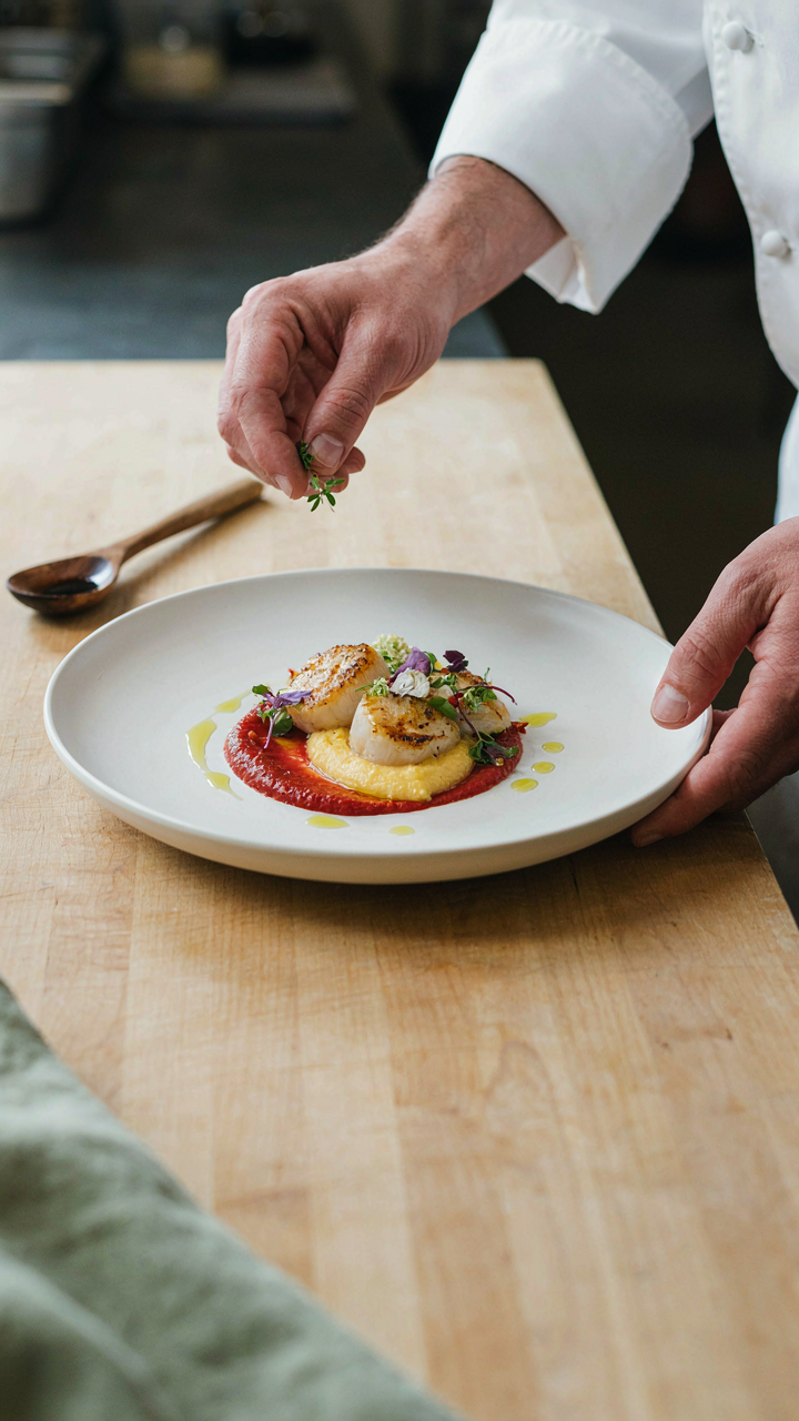 A chef precisely layers different ingredients on a plate.