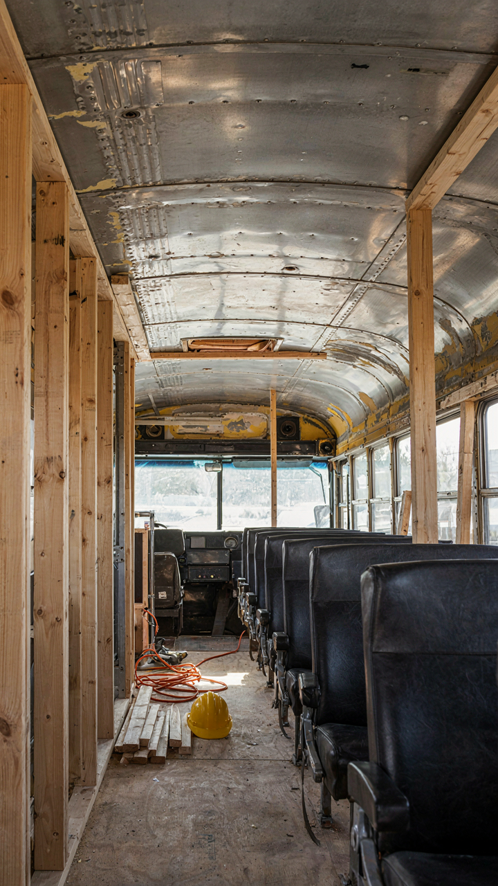 Wooden framing partially installed inside a school bus conversion.